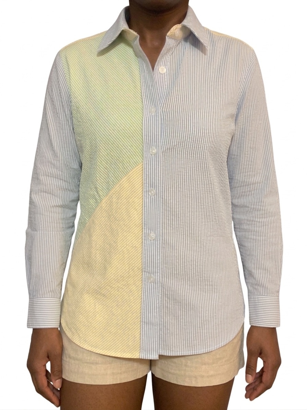 Finley Striped Button-Front Shirt in Light Blue and Cream